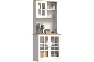 HOMCOM Kitchen Pantry Storage Cabinet, 72" Freestanding Cabinet with Hutch, Large Countertop, Glass Doors and Adjustable Shelves for Dining Room, White
