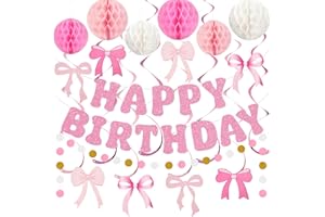 Amandir Pink Birthday Decorations for Girls Women, Glitter Happy Birthday Banner with Honeycomb Balls, Bow Hanging Swirls Streamers, Circle Dots Garland, Coquette Party Decorations