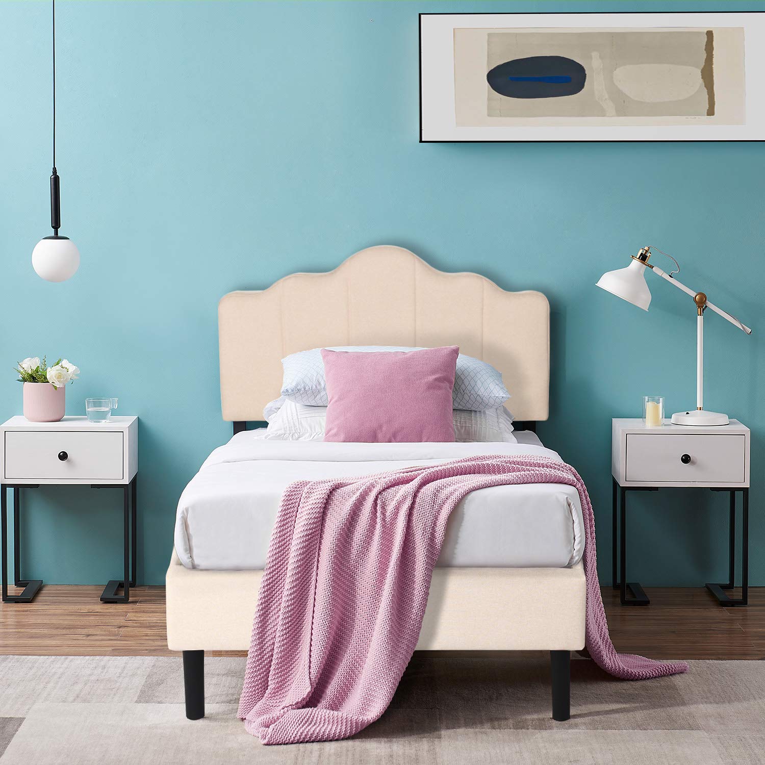 VECELO Upholstered Platform Bed/Mattress Foundation with Headboard, Metal Frame/Strong Wood Slat Support & Quick Assembly, Twin, Beige