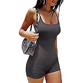 Ekouaer Womens Workout Romper Ribbed Unitard Stretch One Piece Short Jumpsuits Yoga Sleeveless Adjustable Outfits