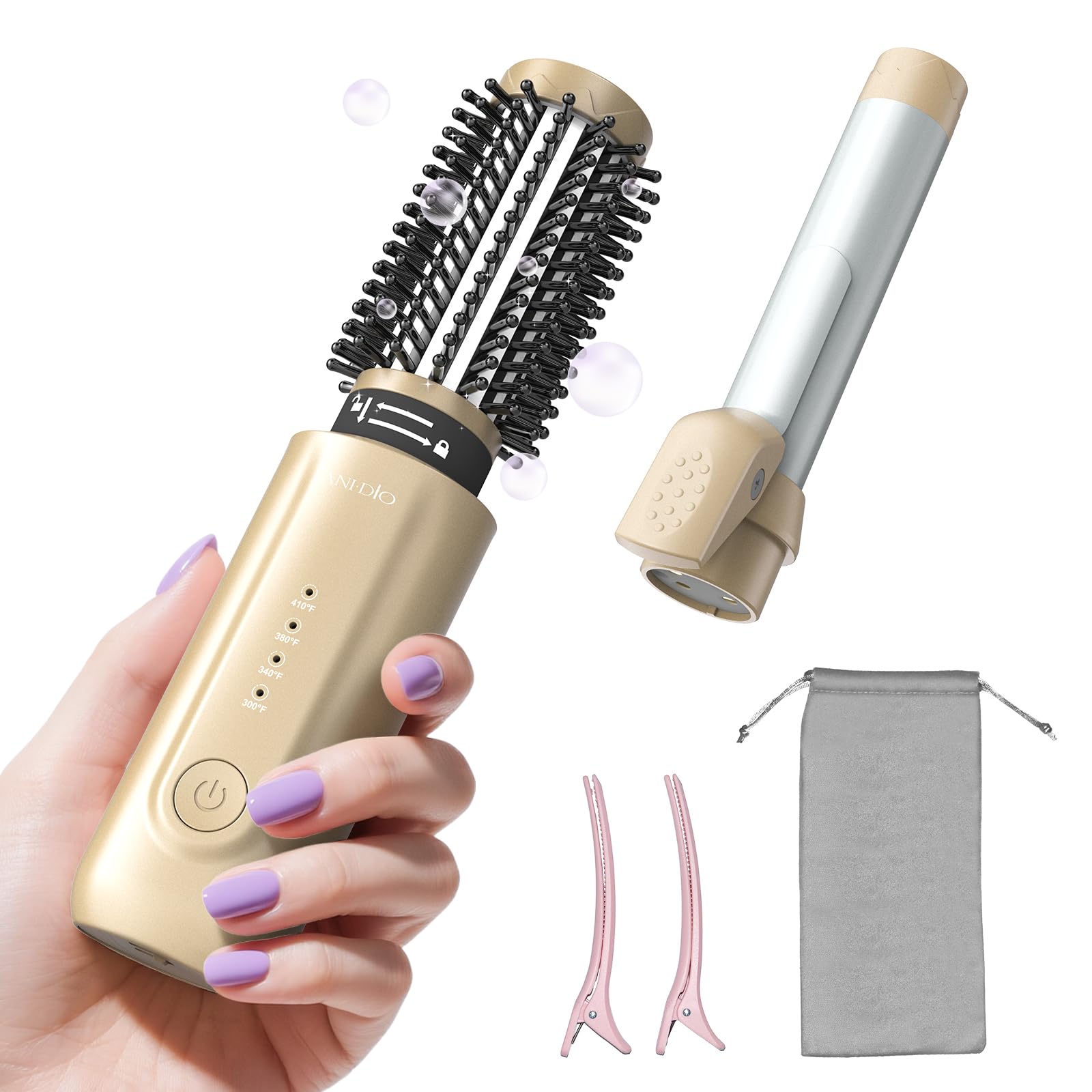 Photo 1 of **USED**Cordless Curling Iron Brush, 2 in 1 Mini Travel Hot Straightener Comb with 200 Million Negative Ions, Dual Voltage & Lightweight for Travel, Anti-Tangle, 4 Temps, Gold