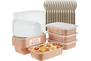 LNYZQUS 30 Pack 7”x5” Small Foil Pans with Lids, 1.5lb Heavy Duty Aluminum Baking Tins Disposable Leftover Containers To Go Boxes for Baking Cooking Heating Meal Prep-Champagne