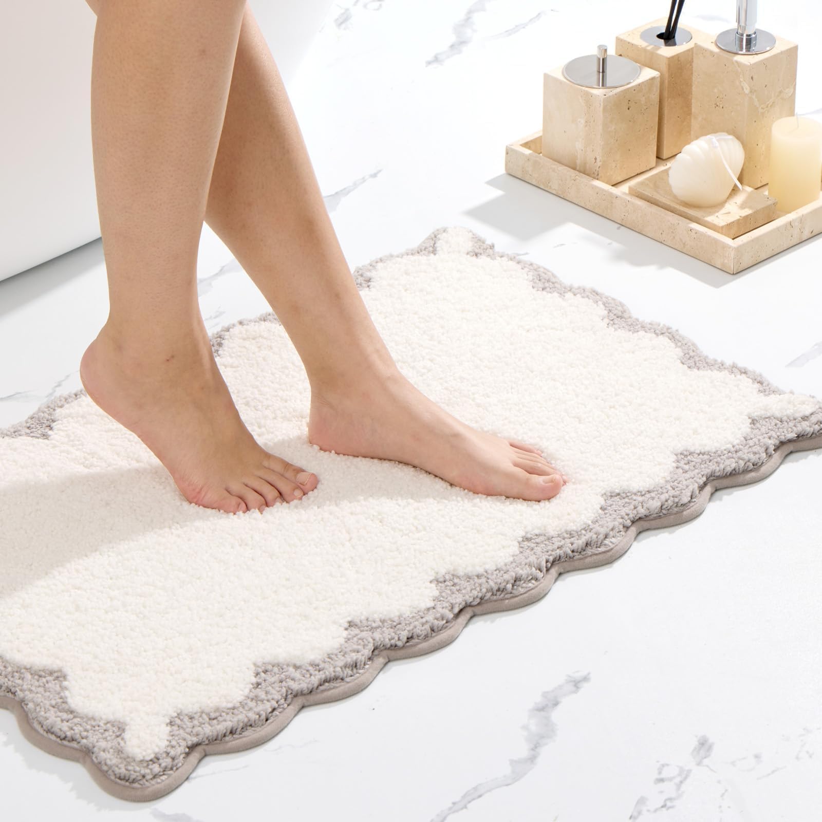 Photo 1 of ORTIGIA Cute Scalloped Bath Mat Grey Bathroom Rugs Non Slip Washable, Quick Dry Absorbent Plush Microfiber White & Gray Bathmat for Bathtub Shower, Floor Carpet for Sink Bedroom, 20x32