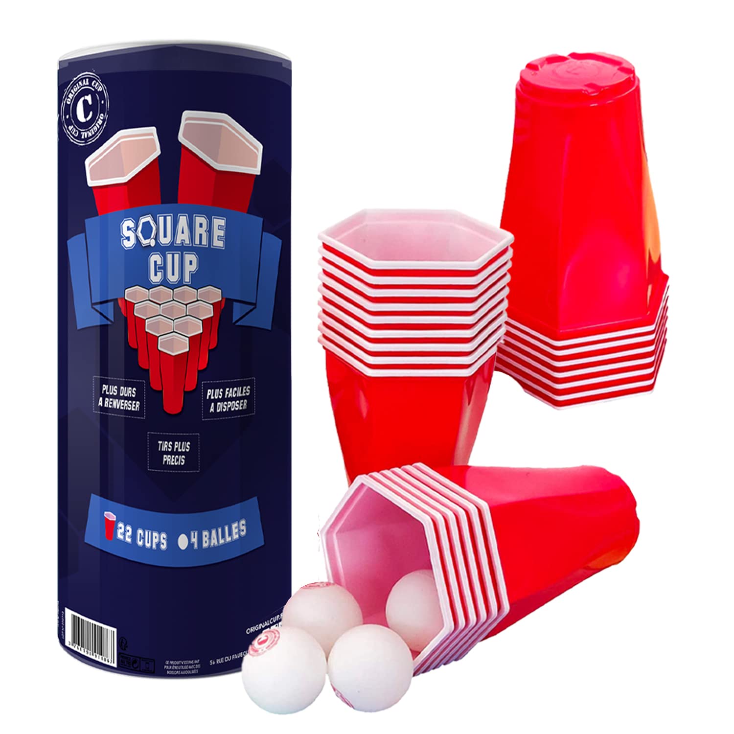 Original Cup Original Square Cup Official – Beer Pong Set – Premium Quality – 22 Red Hexagonal American Cups 53 cl – 4 Balls – Drinking Game – Party Game and Aperitif – House Party