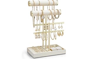 Vlando 3 Tier Necklace Holder Organizer with Tray, Leather Bracelet Holder Display for Women, Gold Jewelry Stand for Bracelet, Necklace, Earrings, Rings - Cloud White