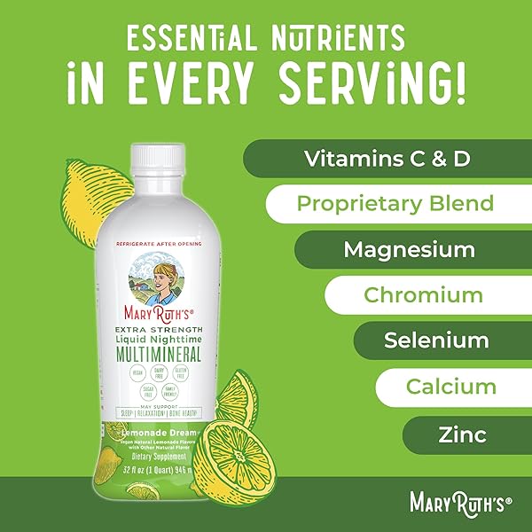 MARYRUTH ORGANICS EXTRA STRENGTH NIGHTTIME LIQUID MULTIMINERAL SLEEP SUPPLEMENT | SUGAR FREE | CALM MAGNESIUM CITRATE | NO MELATONIN | CALCIUM MAGNESIUM ZINC | LEMONADE FLAVOR | VEGAN | 32 SERVINGS