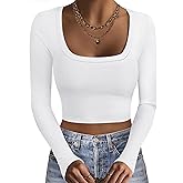 Ekouaer Womens Long Sleeve Square Neck Crop Top Ribbed Slim Fitted Going Out Y2K Tops Casual Basic Shirts Tee