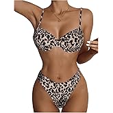 SweatyRocks Women's Leopard Print Push Up Bikini Set Smocked High Cut Bathing Suit 2 Piece Swimsuit
