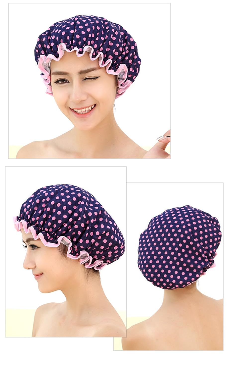 KissDate 3 Packs Double layer Shower Cap Waterproof Elastic Bath Cap for Women Shower Spa Salon : Beauty