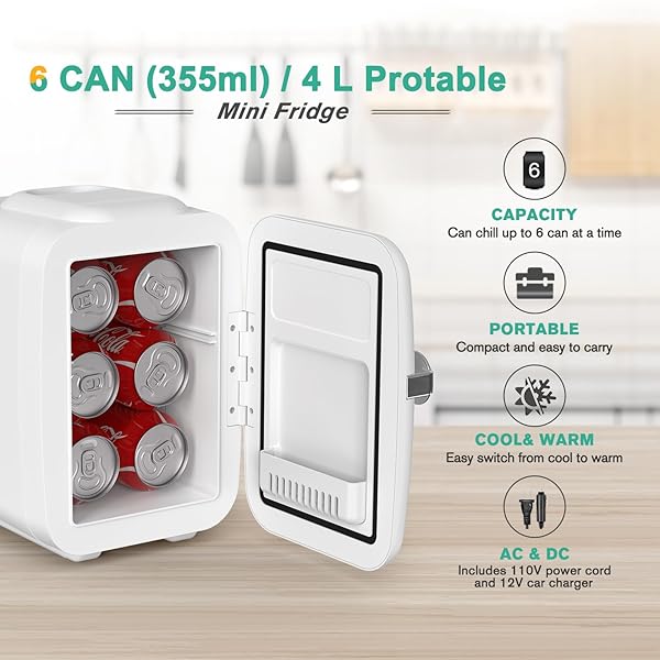 CROWNFUL MINI FRIDGE, 4 LITER/6 CAN PORTABLE COOLER AND WARMER PERSONAL REFRIGERATOR FOR SKIN CARE, COSMETICS, BEVERAGE, FOOD,GREAT FOR BEDROOM, OFFICE, CAR, DORM, ETL LISTED (WHITE)