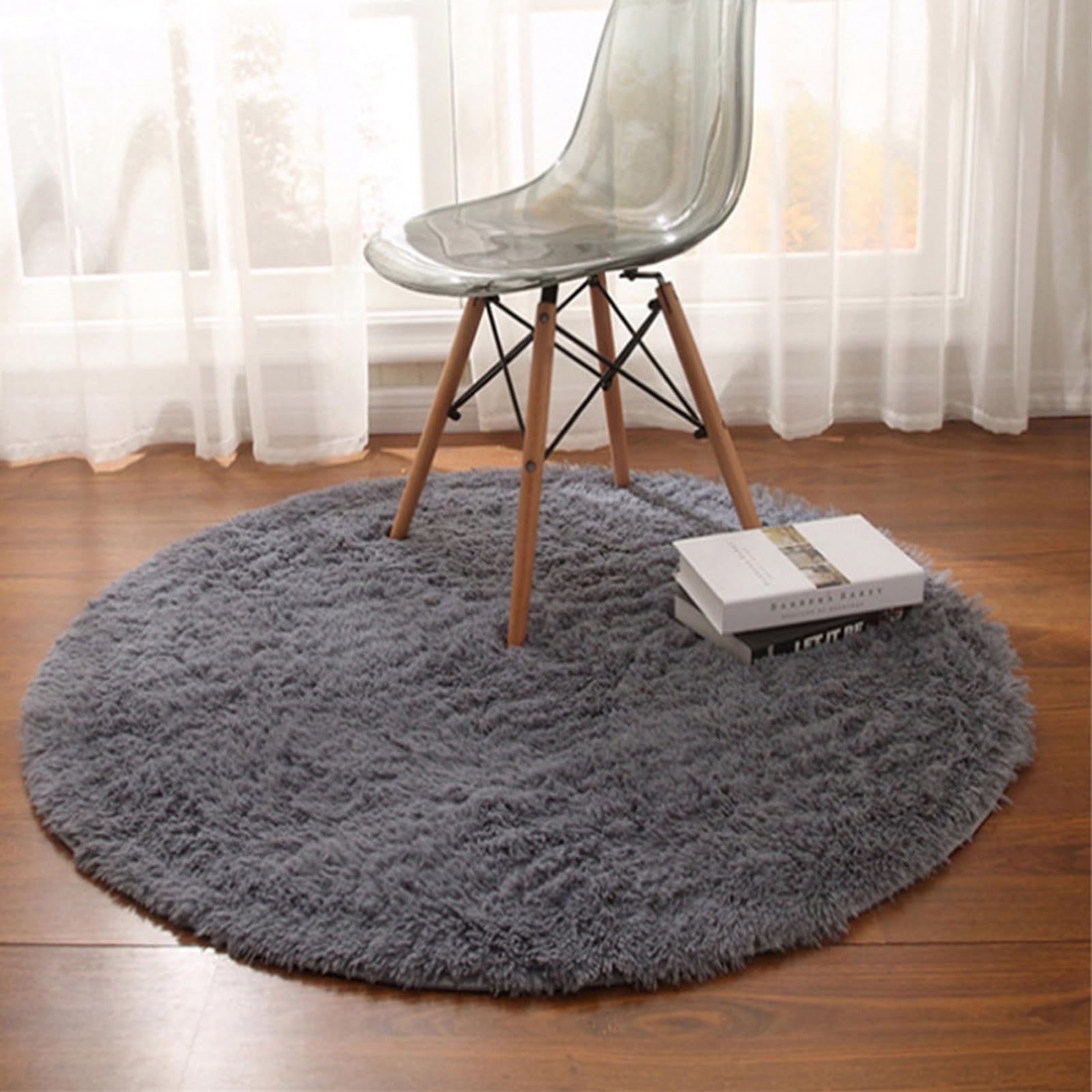 HARESLE Round Rugs for Bedrooms Fluffy Living Room Circle Area Rug Soft Shaggy Carpet for Kids Room Floor Mat (Grey,Diam 120cm/47.2in/3.93ft)