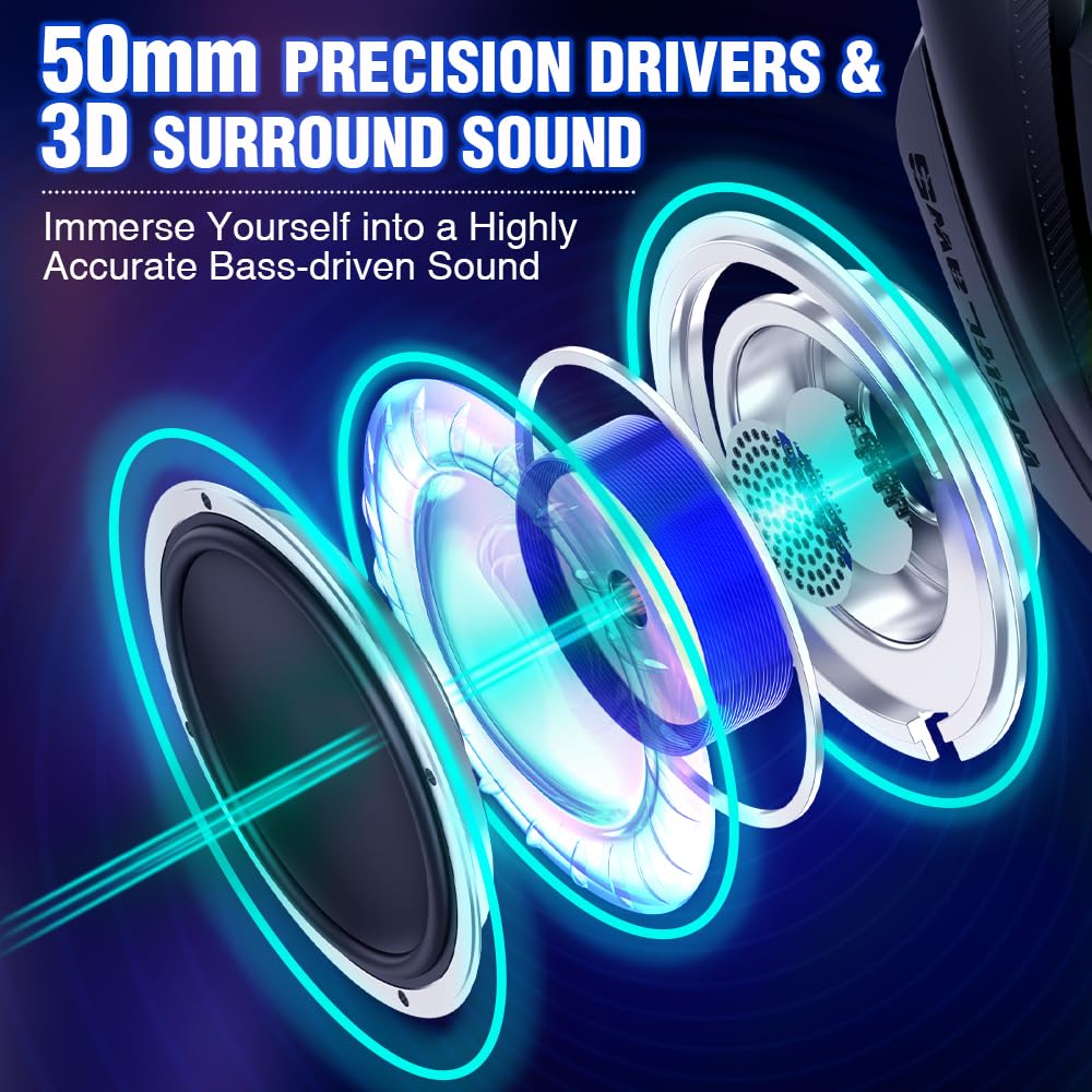 Wireless Gaming Headset for PC, PS5, PS4, Mac, Switch, Bluetooth Over-Ear Headphones with Detachable and Built-in Mics, Low Latency, Lightweight, 48H Battery, Noise Isolation - Black