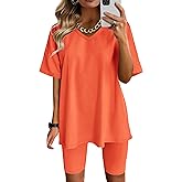 AGSEEM Two Piece Outfits For Women Summer V Neck T-Shirt Tops Biker Shorts Workout Sports Tracksuit