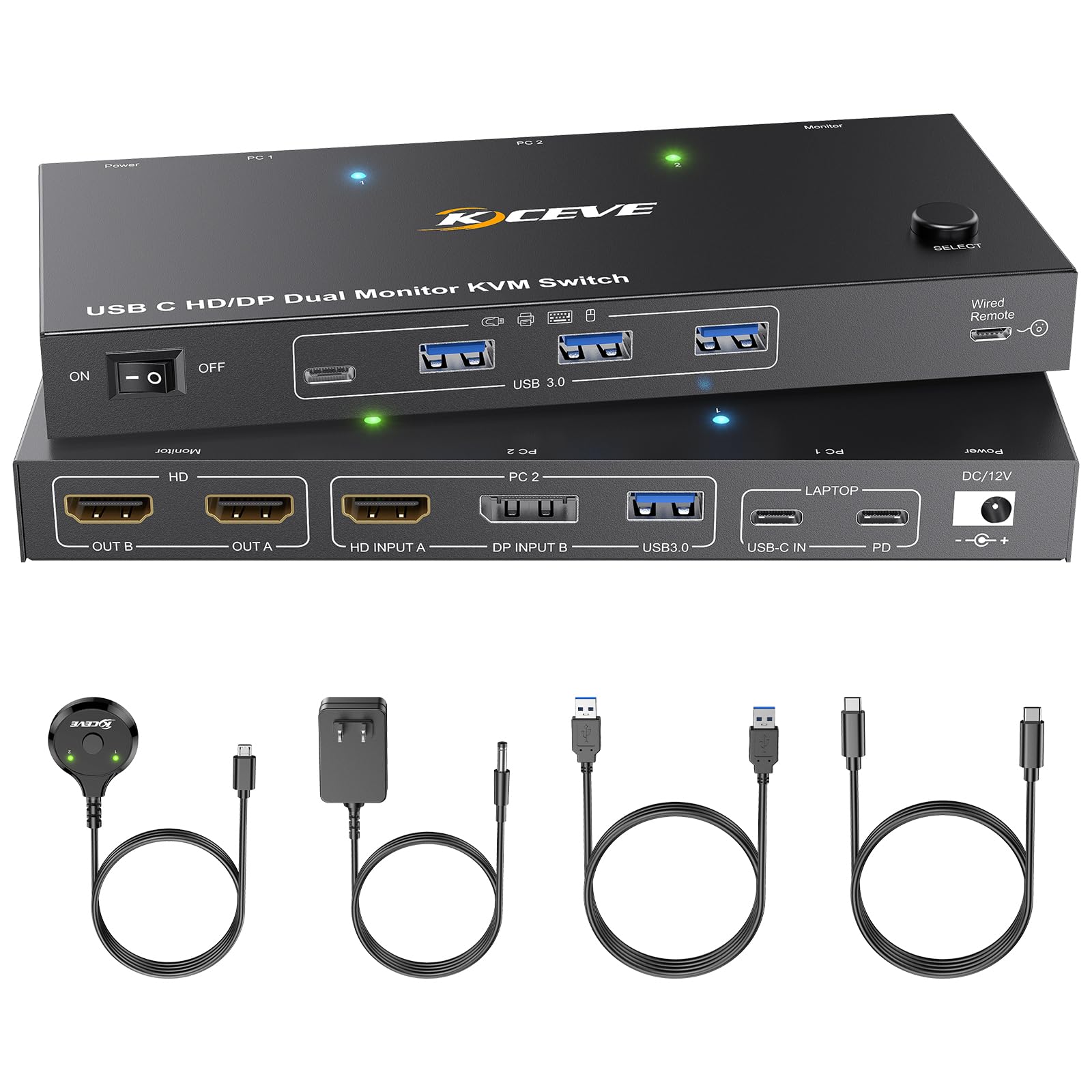 Photo 1 of KCEVE KVM Switch 2 Monitors for 1 Laptop 1 Desktop, USB 3.0 KVM Switch 2 Monitor 2 Computer USB C Displayport HDMI, MST,4K@60Hz,PD 100W, Power Adapter, Wired Remote(4K USB C DP HDMI 2 in 2 Out KVM)
