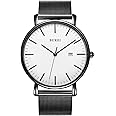 BUREI Men's Fashion Minimalist Wrist Watch All Black Waterproof Watches Simple Ultra Thin Watches Analog Quartz Date with Stainless Steel Mesh Band