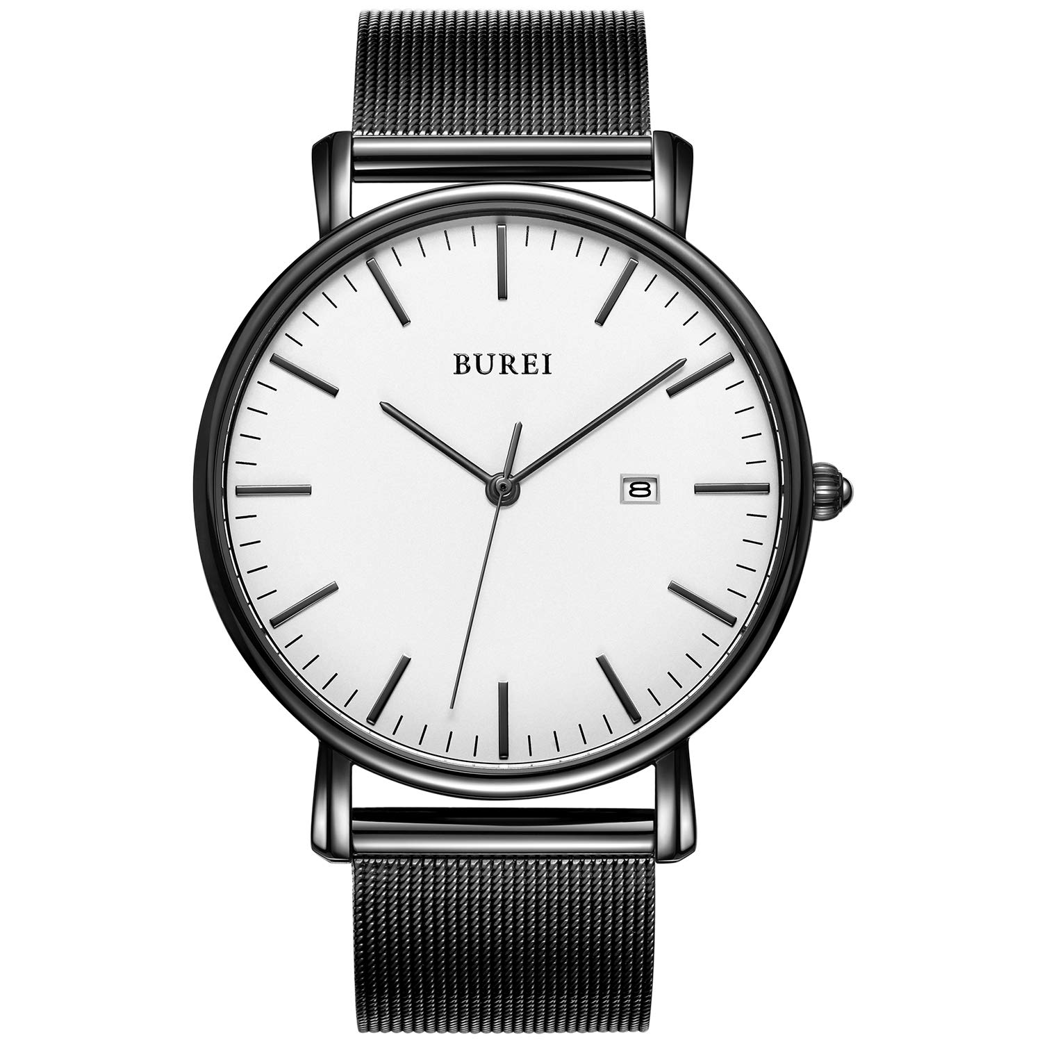 BUREI Men's Watches, Classic Analogue Dial with Date Japanese Quartz and Ultra-Thin Stainless Steel Mesh Band (White, Stainless Steel)