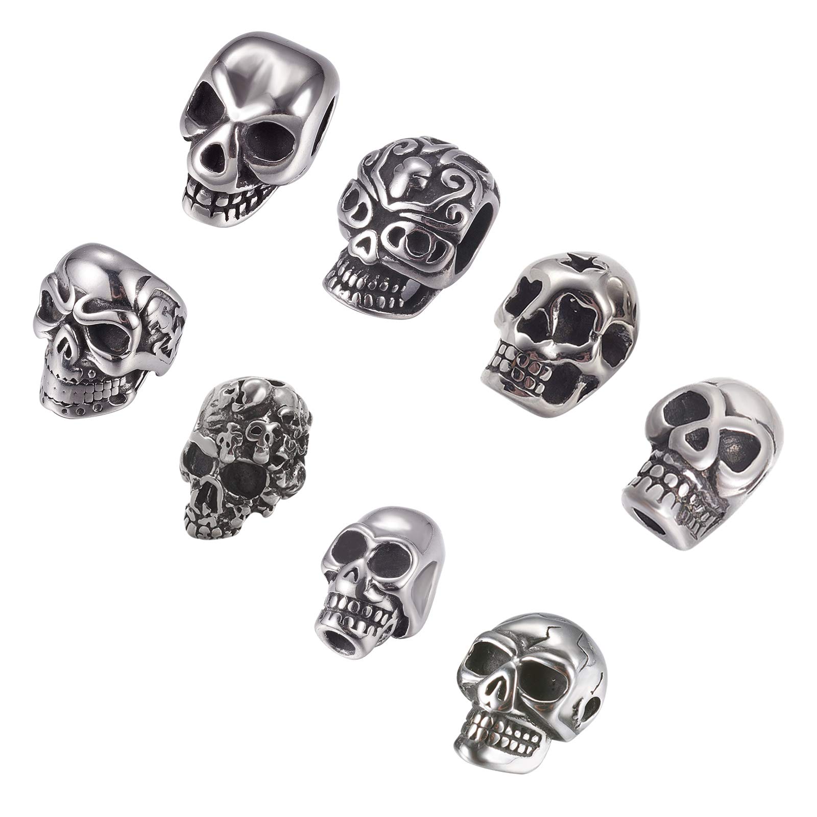 UNICRAFTALE 8 Styles Skull Beads, 8pcs Stainless Steel, Silver, Mixed Shapes, 1-8mm Hole, DIY Jewelry Making, Halloween Decoration