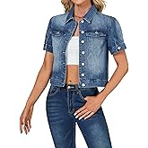 LifeShe Puff Short Sleeve Denim Jacket for Women Summer Cropped Jean Jacket Non-stretch Crop Coat