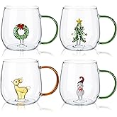 Yaomiao 4 Pcs 13.5 oz Christmas Wine Glasses with Tree Snowman Deer Figurine Inside, 3D Christmas Drinking Glass Cup Drinkware with Handle for Housewarming Party Supplies Gifts Xmas Table Decor