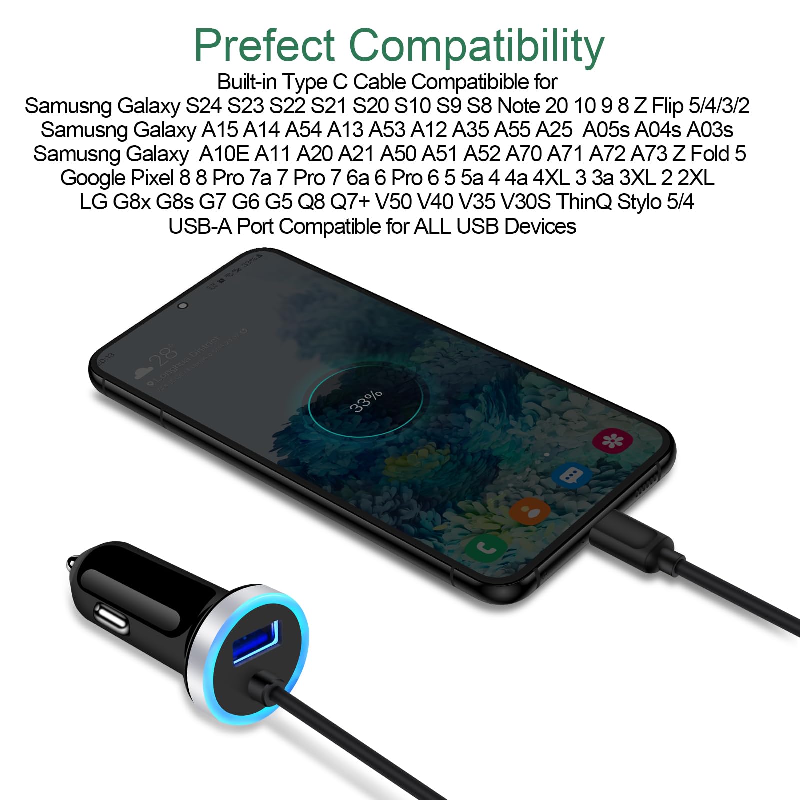 USB C Car Charger, 3.4A Fast Charging Car Charger for Samsung Galaxy S24 S23 S22 S21 S20 S10E S9 S8 Note 20 10 A16 A15 A14 A50 A20 A51 A71 A21 A10E, LG Stylo 6/5, Car Adapter 3ft Type C Charger Cable