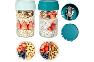 2 Pack Overnight Oats Containers Jar with Lids and Dual-Laryer Chia Pudding Jars Folding Spoons 16oz Mason Jars Divided Compa