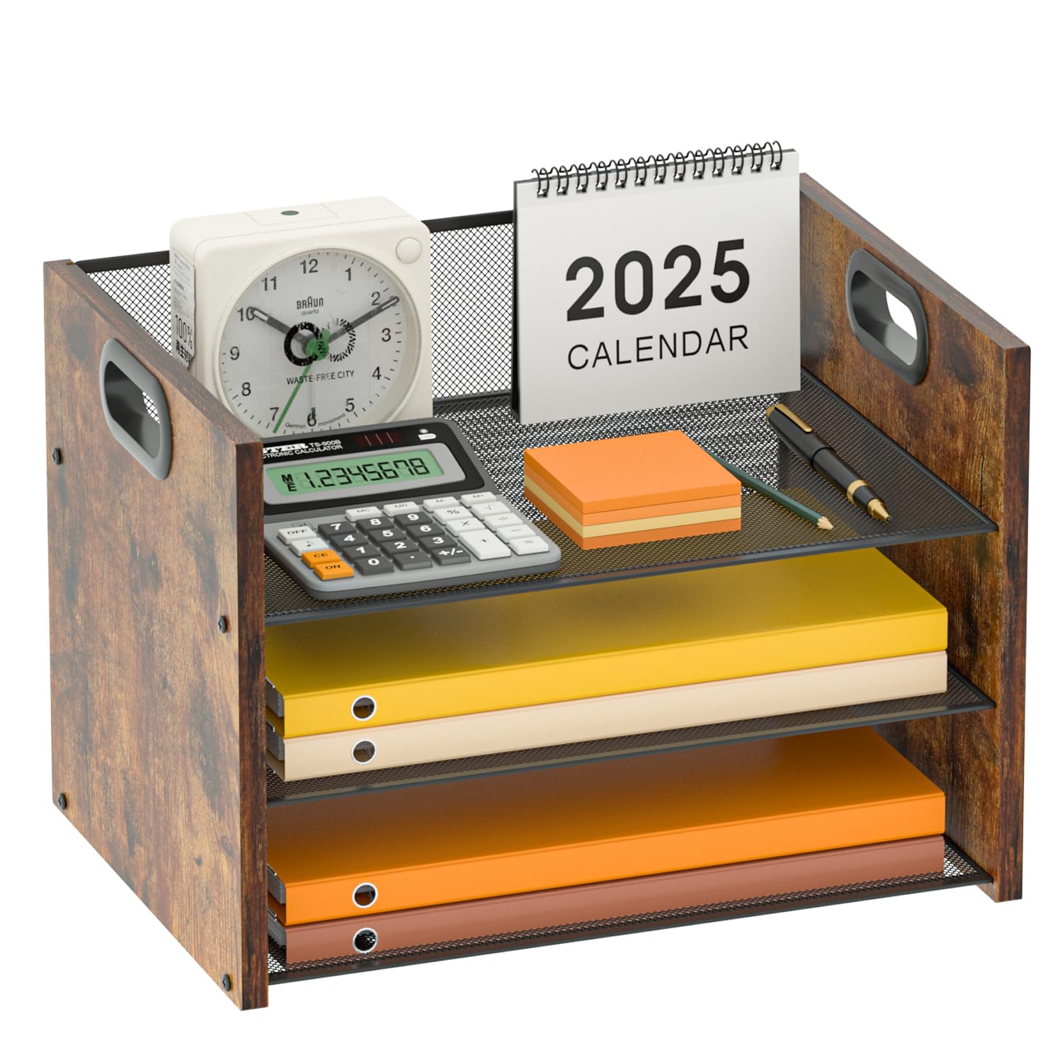 Photo 1 of LMZAPET 3 Tier Wood Paper Organizer for Desk, Metal Office Organizer and Accessories with Handle, Mesh File Holder for Desk, File Cabinets for Home Office, School