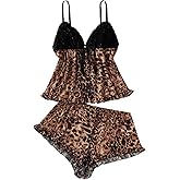 GORGLITTER Women's Plus Size Sexy Leopard Cheetah Print Pajama Set Lace Mesh Cami Top Shorts Sleep Sets