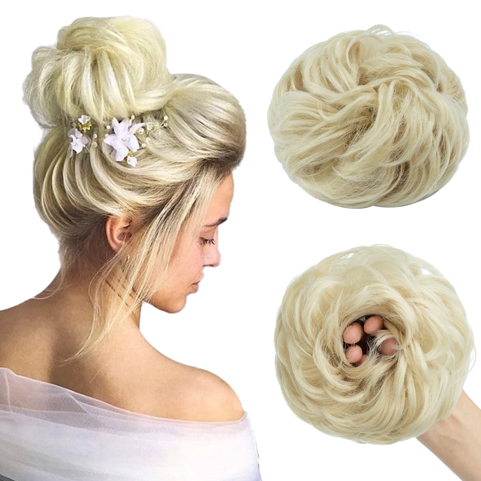 Curly synthetic hair bun with messy strokes, elastic hair piece in bleaching blonde, ideal for a natural, casual look, bleach blonde
