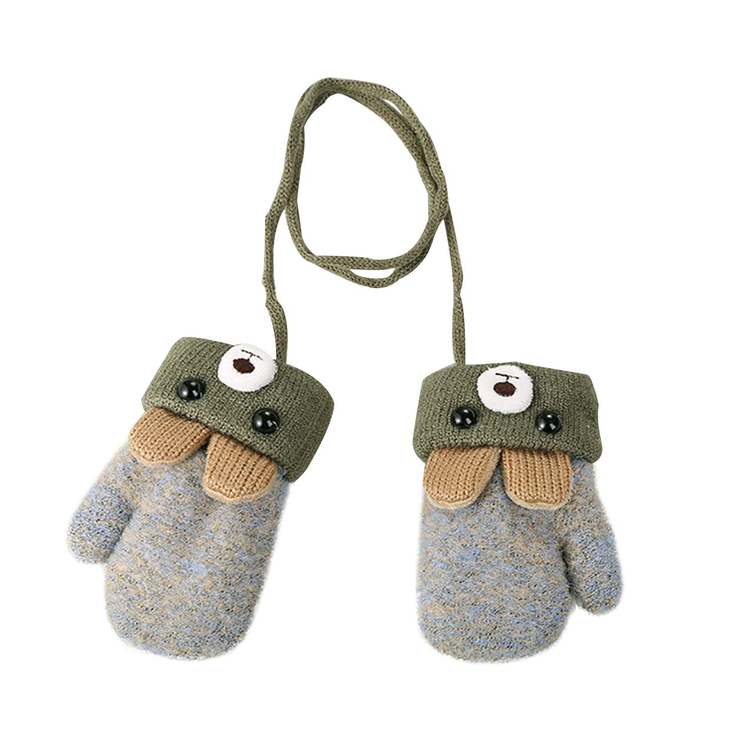 RUIXIA Kids Winter Knitted Gloves Cute Cartoon Bear Hang Neck Mittens Newborn Baby Warm Mitten Thicken Cashmere with Rope Mitten Thermal Full Finger Wrist Glove Boy Girl 0-3Y Gift