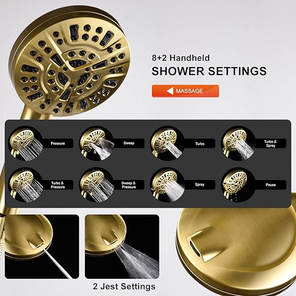 KIRLYSTONE TUB SHOWER FAUCET COMBO, BRUSHED GOLD SHOWER SYSTEM 10 PATTERNS HANDHELD SHOWER HEAD WITH TUB SPOUT, SHOWER TRIM KIT WITH SHOWER HEAD & BRASS VALVE