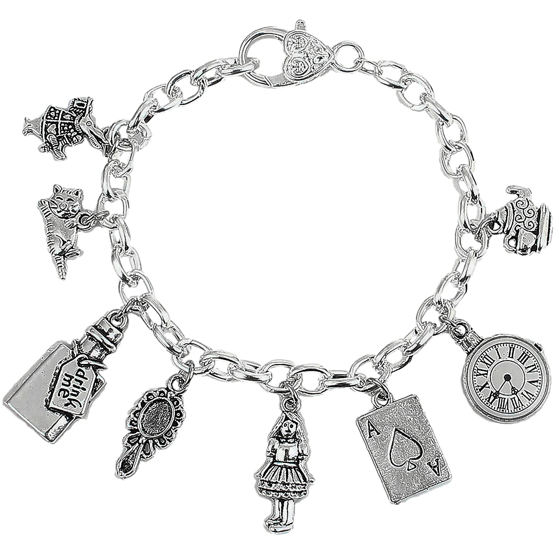 Alice in Wonderland Adjustable Silver Plated Charm Bracelet with Presentation Gift Box Birthday Gifts for Girls Women Birthday Jewellery