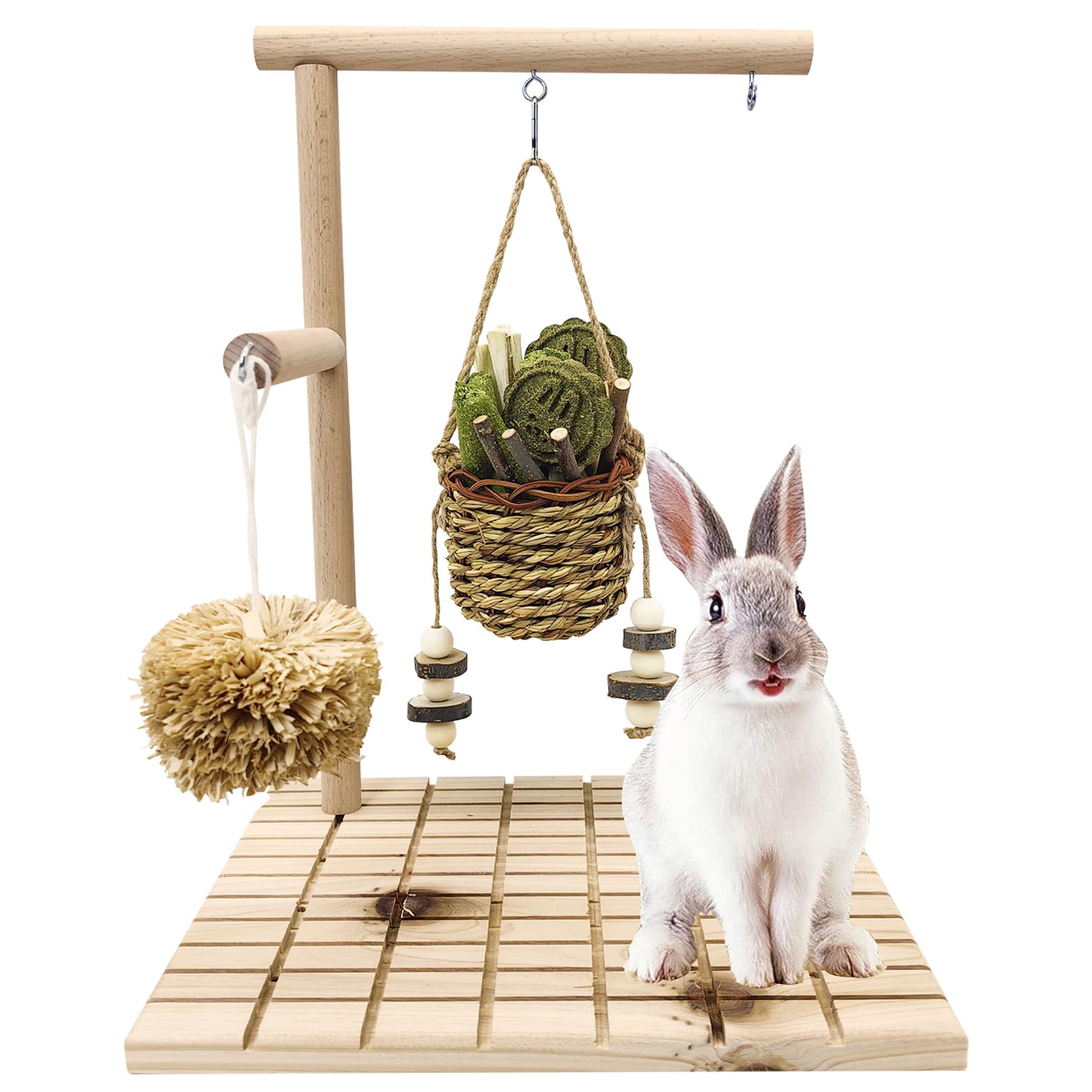 Photo 1 of kathson Bunny Chew Toys for Teeth Grinding, Rabbit Wooden Scratch Board Feet Pad Platform Natural Seagrass Hanging Basket Small Animals Play Toy for Guinea Pigs Chinchilla Hamsters(C)