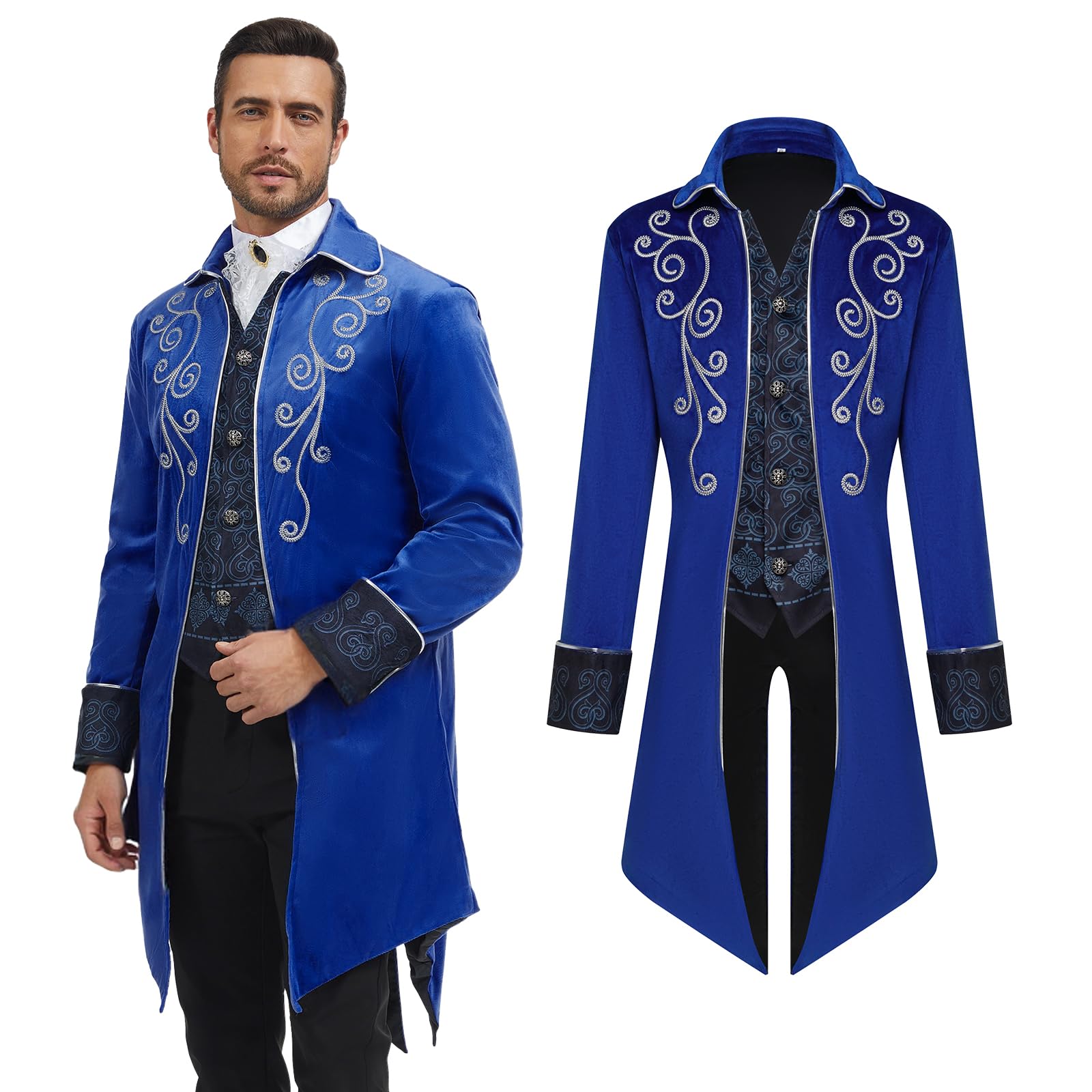 AFJIODUV Steampunk Jacket Men, Long Sleeve Embroidery Vintage Gothic Coat Men Tailcoat Jacket, Mens Victorian Costume for Steampunk-Themed & Dancing Party, Halloween (Blue, M)