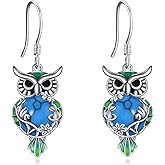 Owl Earrings for Women Sterling Silver Moonstone/Black Onyx/Lapis Lazuli/Jade/Turquoise Dangle Leverback Earrings Jewelry Gifts for Women