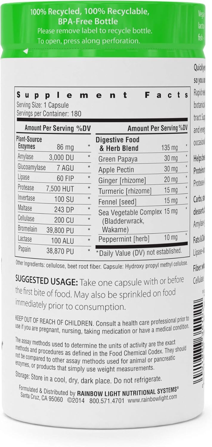 Rainbow Light Advanced Enzyme System, Digestive Support - 180 Capsules (Package May Vary) : Multi Enzymes Nutritional Supplements : Grocery & Gourmet Food
