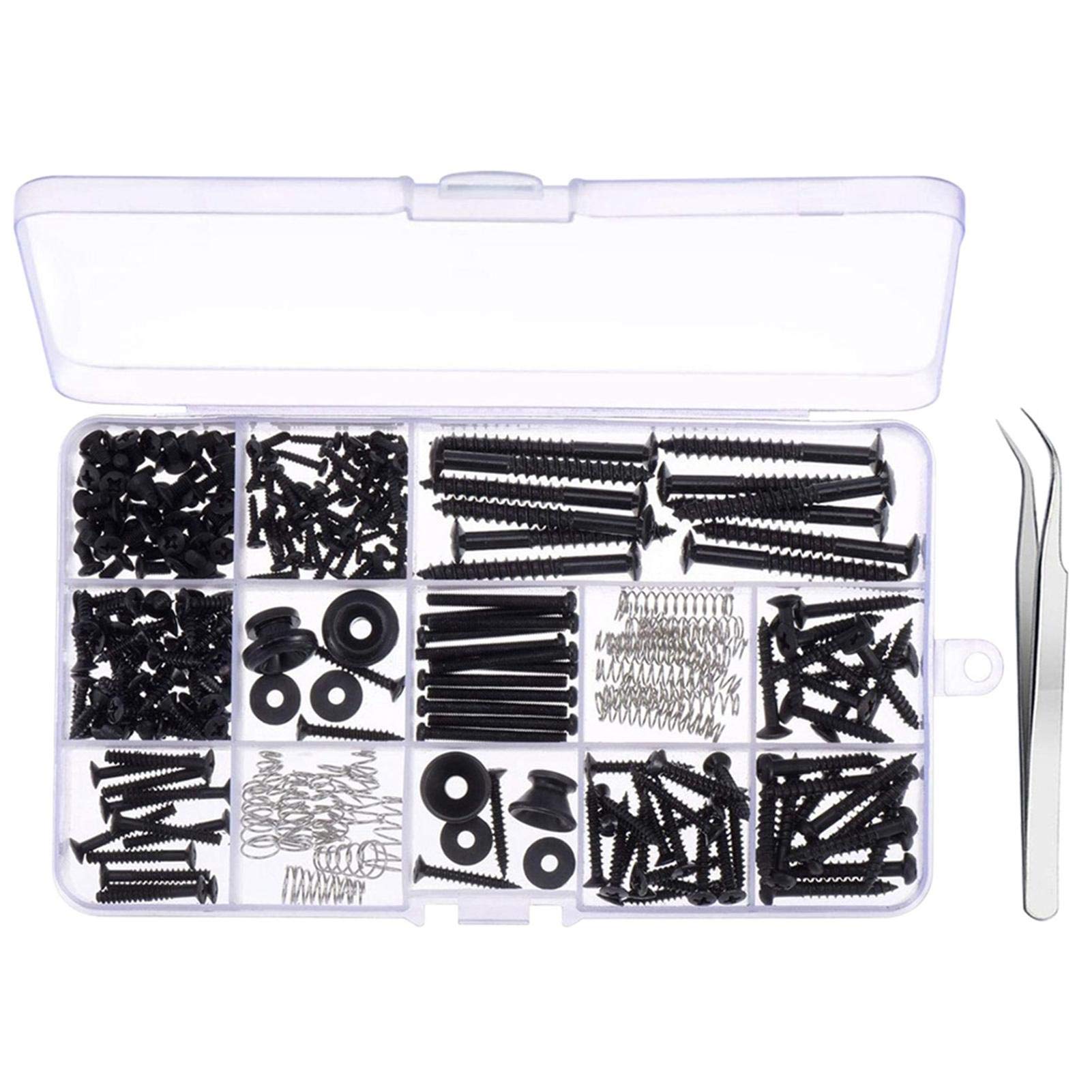 255pcs Guitar Screw Kit Assortment Box Kit with Springs for Electric Guitar Bridge, Pickup, Pickguard, Tuner, Switch, Neck Plate, Guitar Strap Buttons and A Elbow Tweezers, Chrome