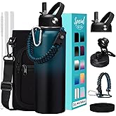 32/40/64OZ Insulated Water Bottle - Keep Cold 48H Hot 24H, Combo Straw/Spout Lids, Paracord Handle for Gym/Hiking, Carrier Bag +Strap, Cup Mat, BPA-Free Stainless Steel Flask Jug
