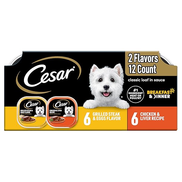 CESAR ADULT WET DOG FOOD CLASSIC LOAF IN SAUCE BREAKFAST AND DINNER MEALTIME VARIETY PACK, 3.5 OZ. EASY PEEL TRAYS, PACK OF 12