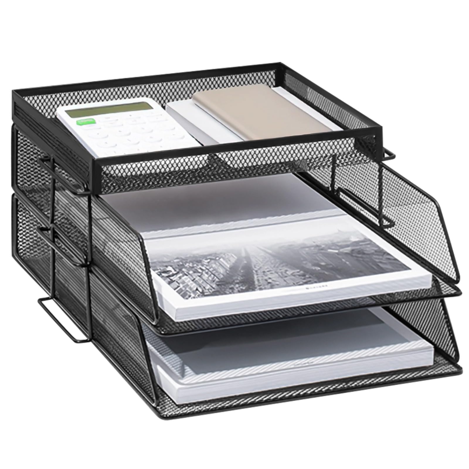 Photo 1 of Stackable Paper Tray, 3-Tier Metal Mesh Desktop Organizer, File Storage, Paper Sorter, Letter Trays, Black Mesh/Office File Collation for Home, Office, School