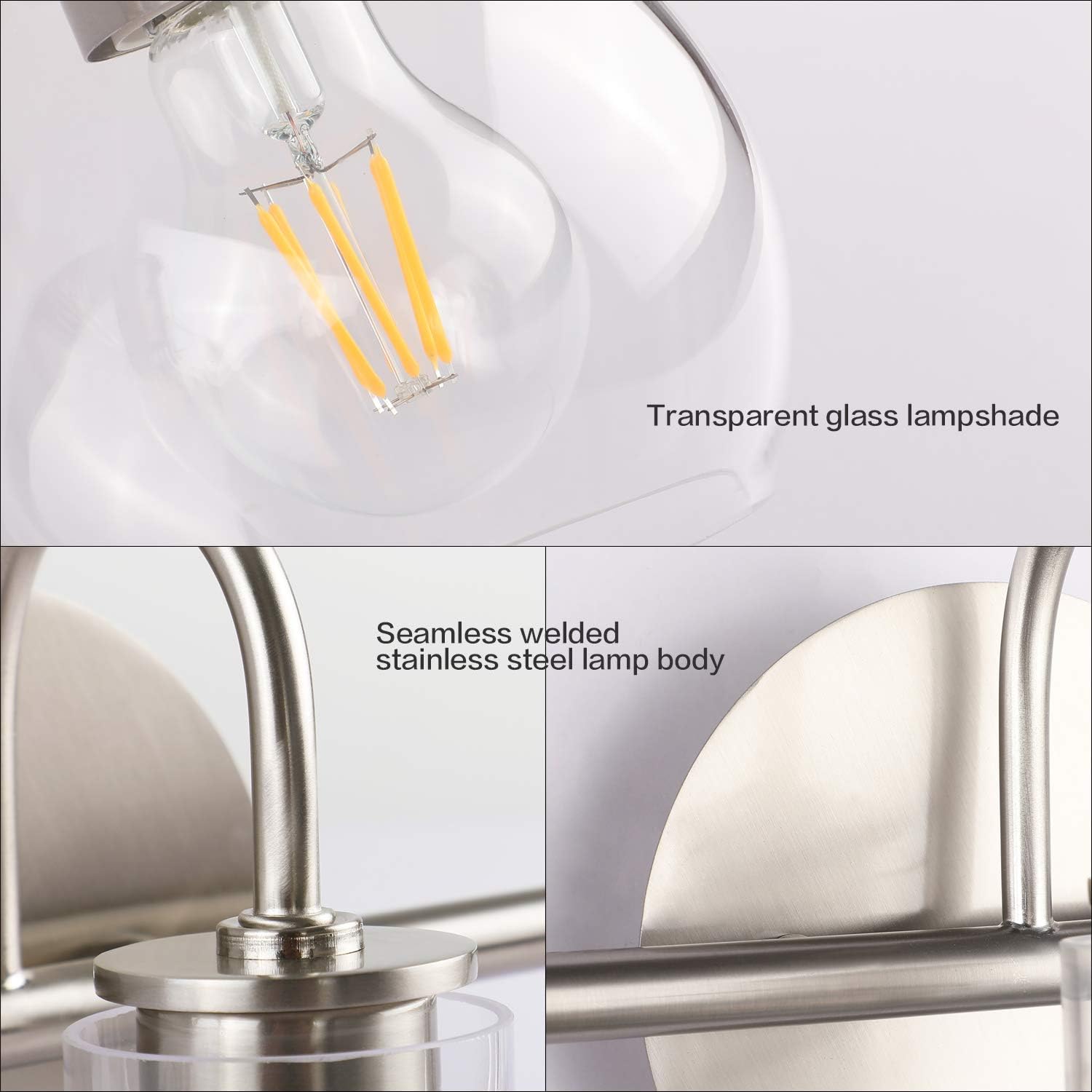 SOLFART Brushed Nickel Bathroom Lighting Fixtures Over Mirror Modern Glass Shade Vanity Lights Wall Sconce(3 Lights) - - 
