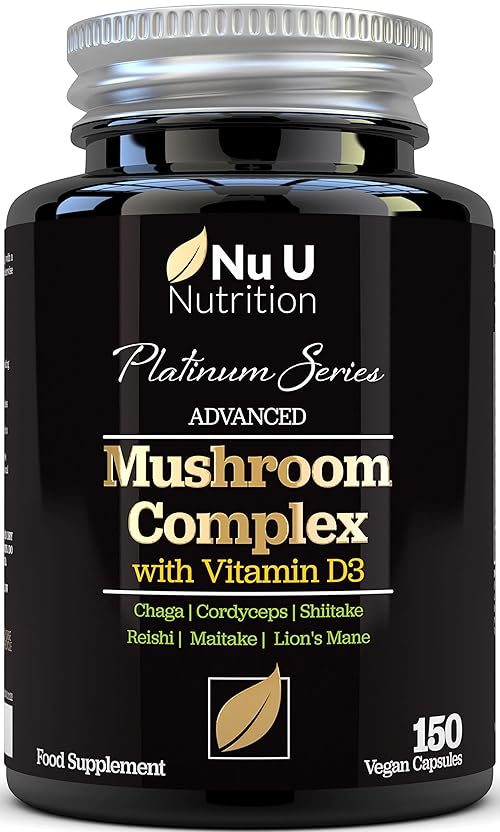Mushroom Complex 6 Supplement - 150 Vegan Capsules - High Potency Superblend of Lions Mane, Chaga, Cordyceps, Shiitake, Reishi, Maitake Mushrooms with Vitamin D - Made in The UK - Nu U Nutrition