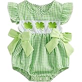 RWYBEIW St Patricks Day Baby Girl Outfit Newborn Smocked Bubble Romper Clover Embroidery Plaid Bodysuit Cute Summer Clothes