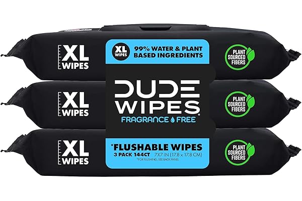 DUDE Wipes - Flushable Wipes - 3 Pack, 144 Wipes - Unscented Extra-Large Adult Wet Wipes - Vitamin-E & Aloe - Septic and Sewer Safe