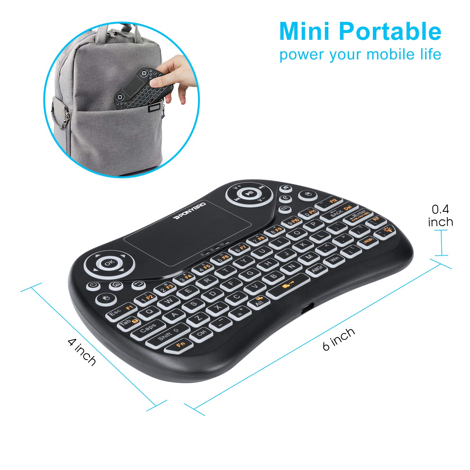 (Newest Version) PONYBRO Mini Wireless Keyboard with Touchpad Mouse,Backlit Remote Keyboard, Portable Handheld Keyboard Wireless Small Keyboard for Android,Windows,Mac OS,Linus.PC,TV,Notebooks.(MK1)