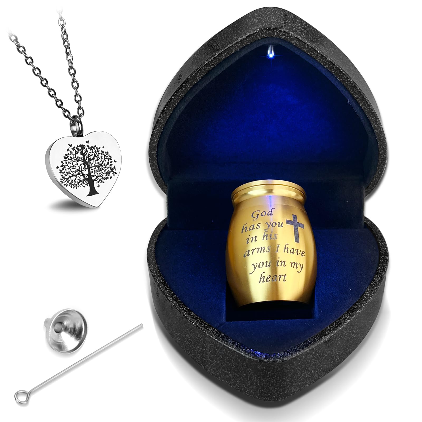 Photo 1 of INRPDOM Small Urns for Human Ashes Keepsake with Heart Box w/Light - Memorial Urn Set with Urn Necklace, Funnel, and Velvet Case - Mini Urn for Ashes of Loved Ones (Gold)