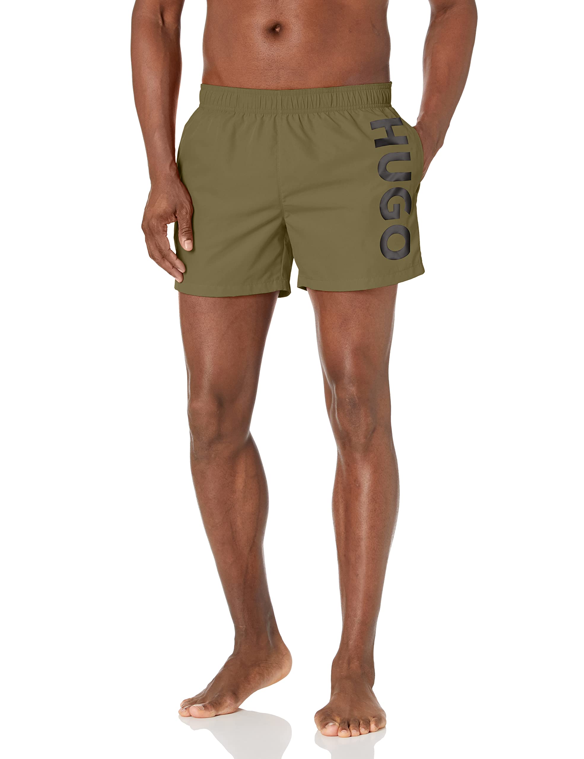 HUGO Mens Vertical Logo Swim Trunks, Pepper Stem Green/Solid Black, X-Large US