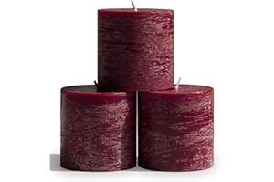 CANDWAX 3x3 Pillar Candles Set of 3 - Rustic Unscented No Drip Burgundy Candles for Home Decor, Weddings, Centerpieces