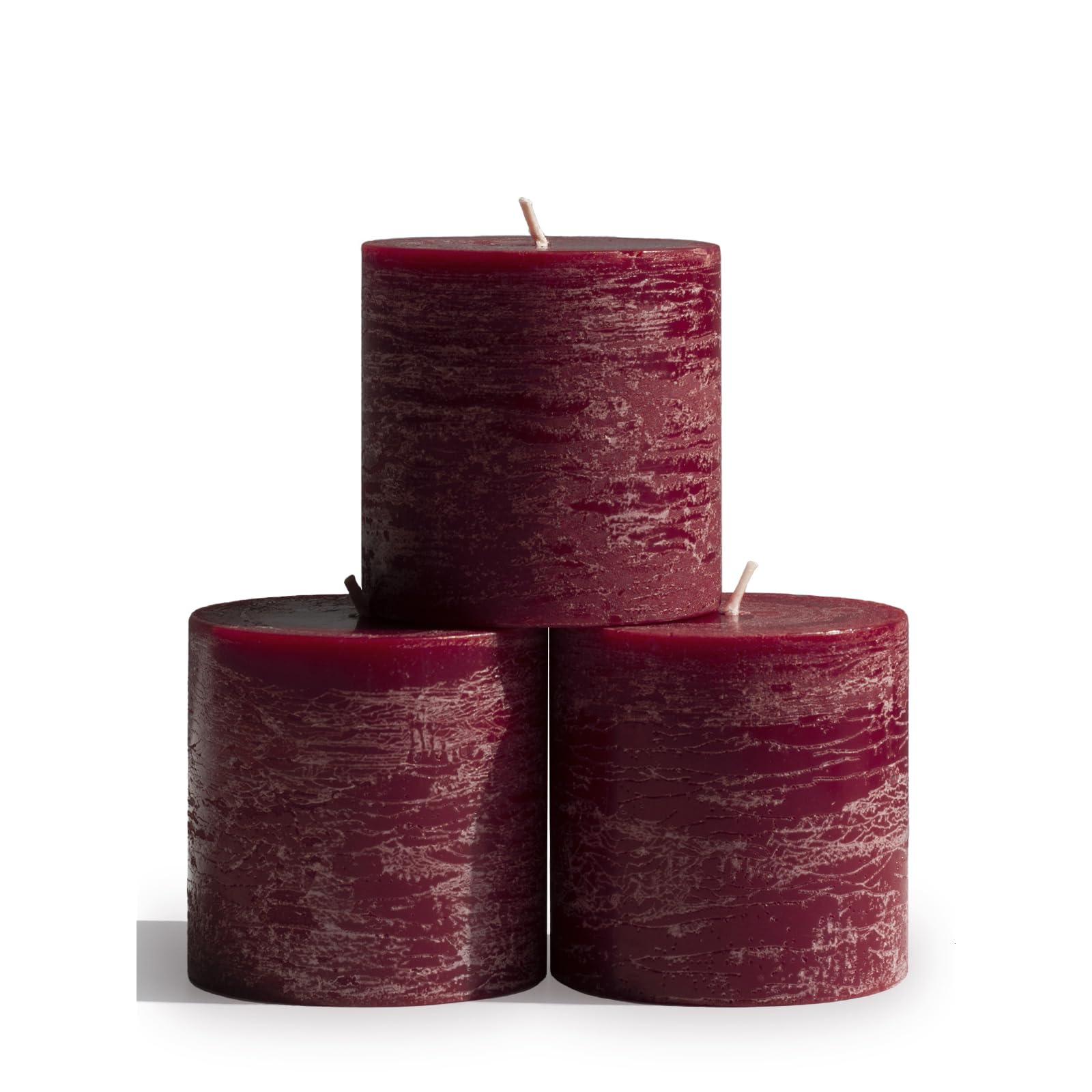 Photo 1 of CANDWAX 3x3 Pillar Candles Set of 3 - Rustic Unscented No Drip Burgundy Candles for Home Decor, Weddings, Centerpieces