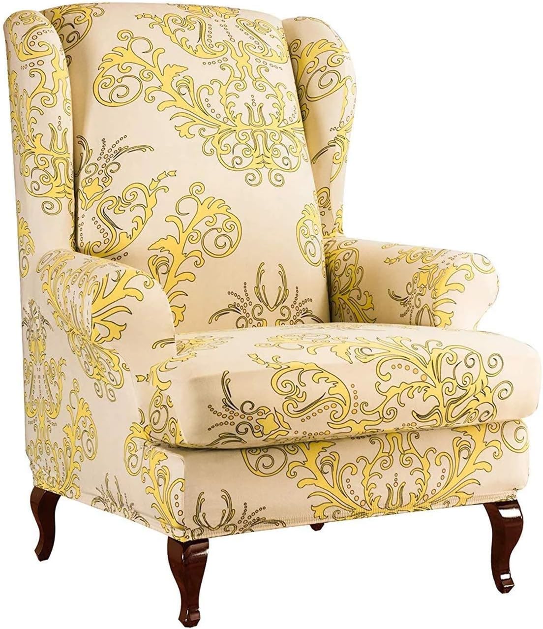 WAQIA Elegant Wing Chair Slipcovers Stretchy Wing Back Armchair Sofa Covers, Floral Printed Slipcovers for Wingback Chair Furniture Protector in Living Room, with A Seat Cushion Cover (Yellow): Home & Kitchen
