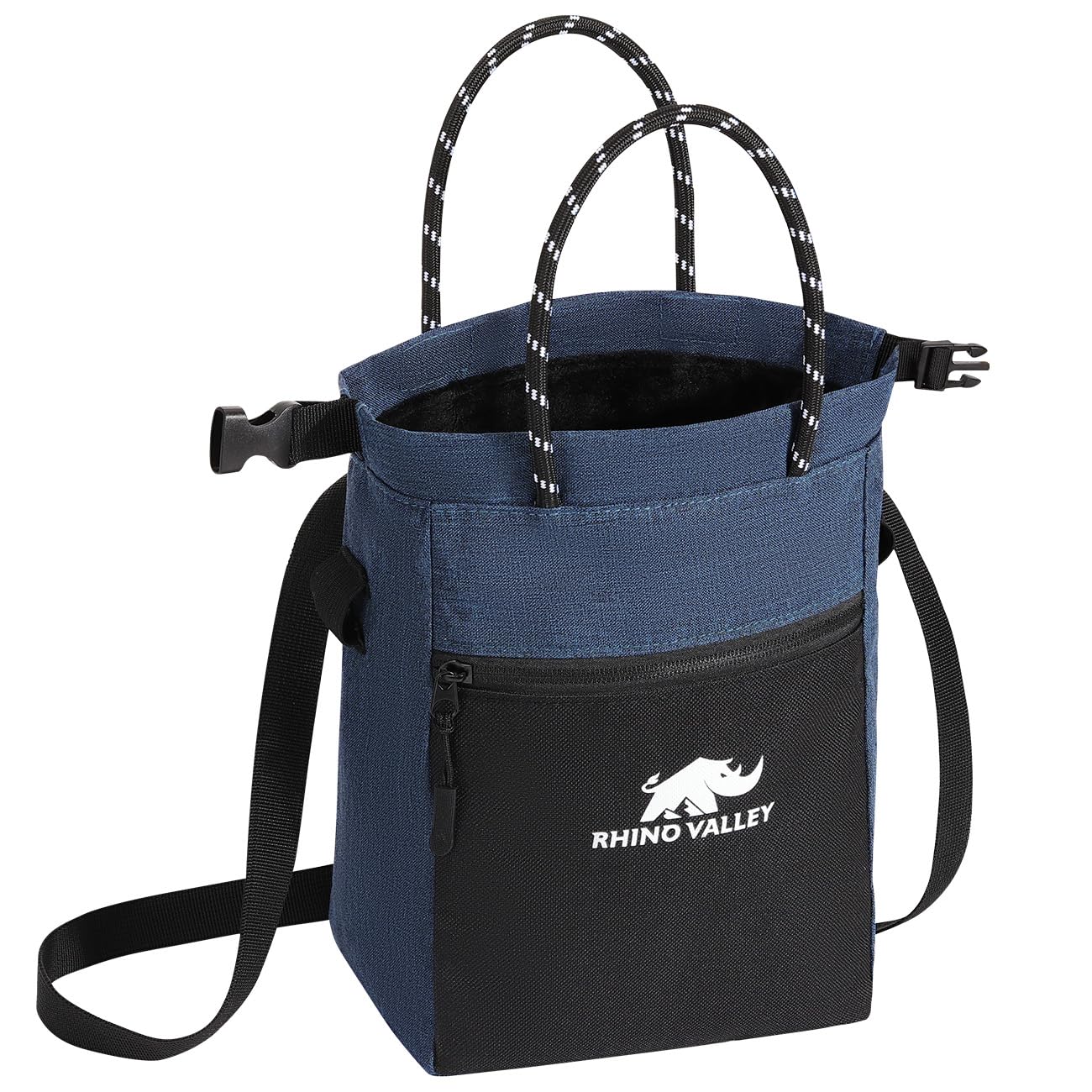 Photo 1 of Rhino Valley Chalk Bag for Rock Climbing, No Leak Magnetic Climbing Chalk Bag with Handle, Climbing Chalk Bucket Gear with Adjustable Belt Zipper Pockets for Cross Fit, Weight Lifting,Denim Blue+Black